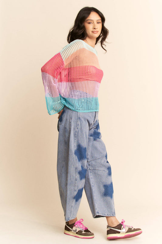 STRIPED WIDE OPENING SLEEVE PULLOVER COVER UP TOP