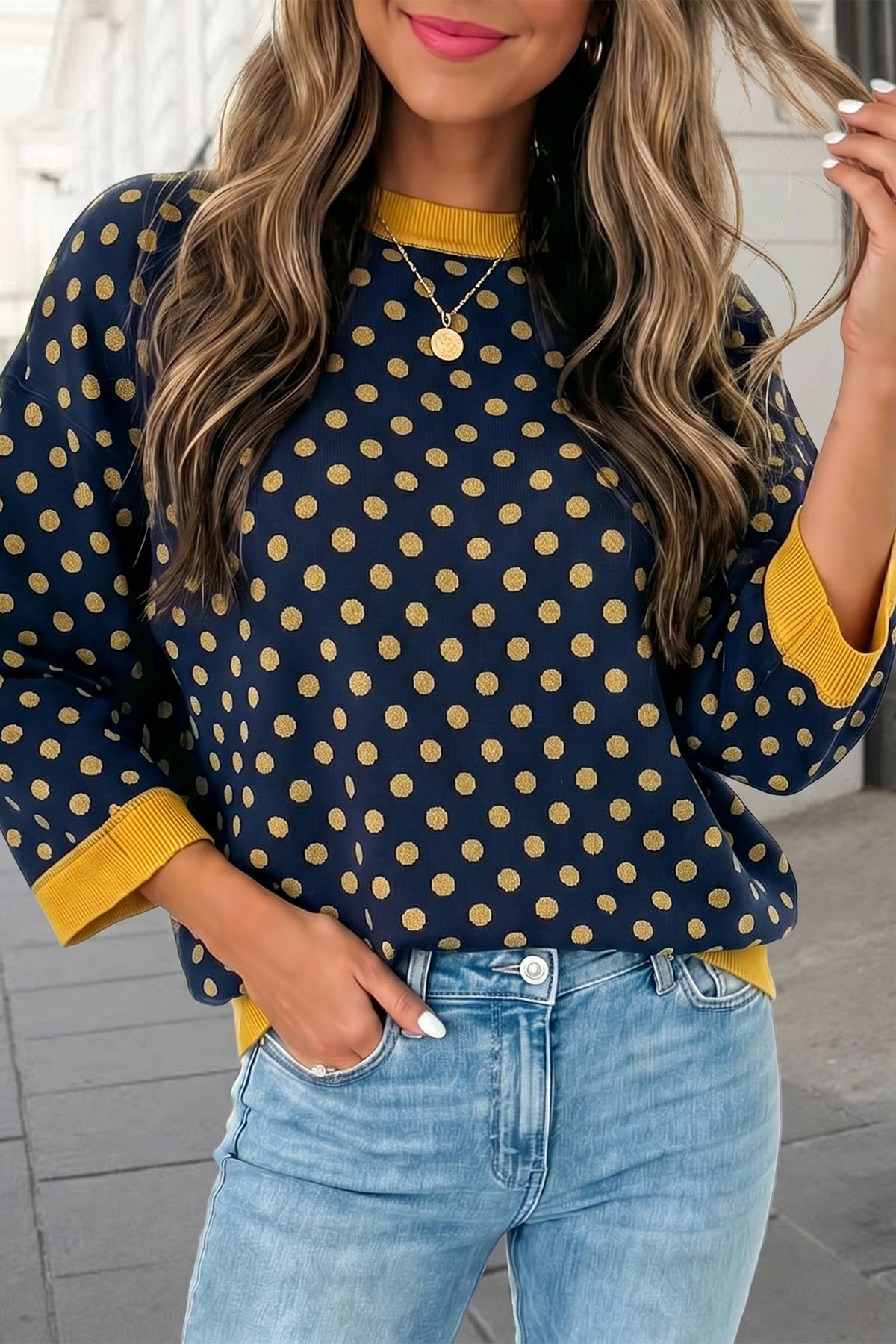Cute Polka Dot Print 3/4 Sleeve Pullover Top