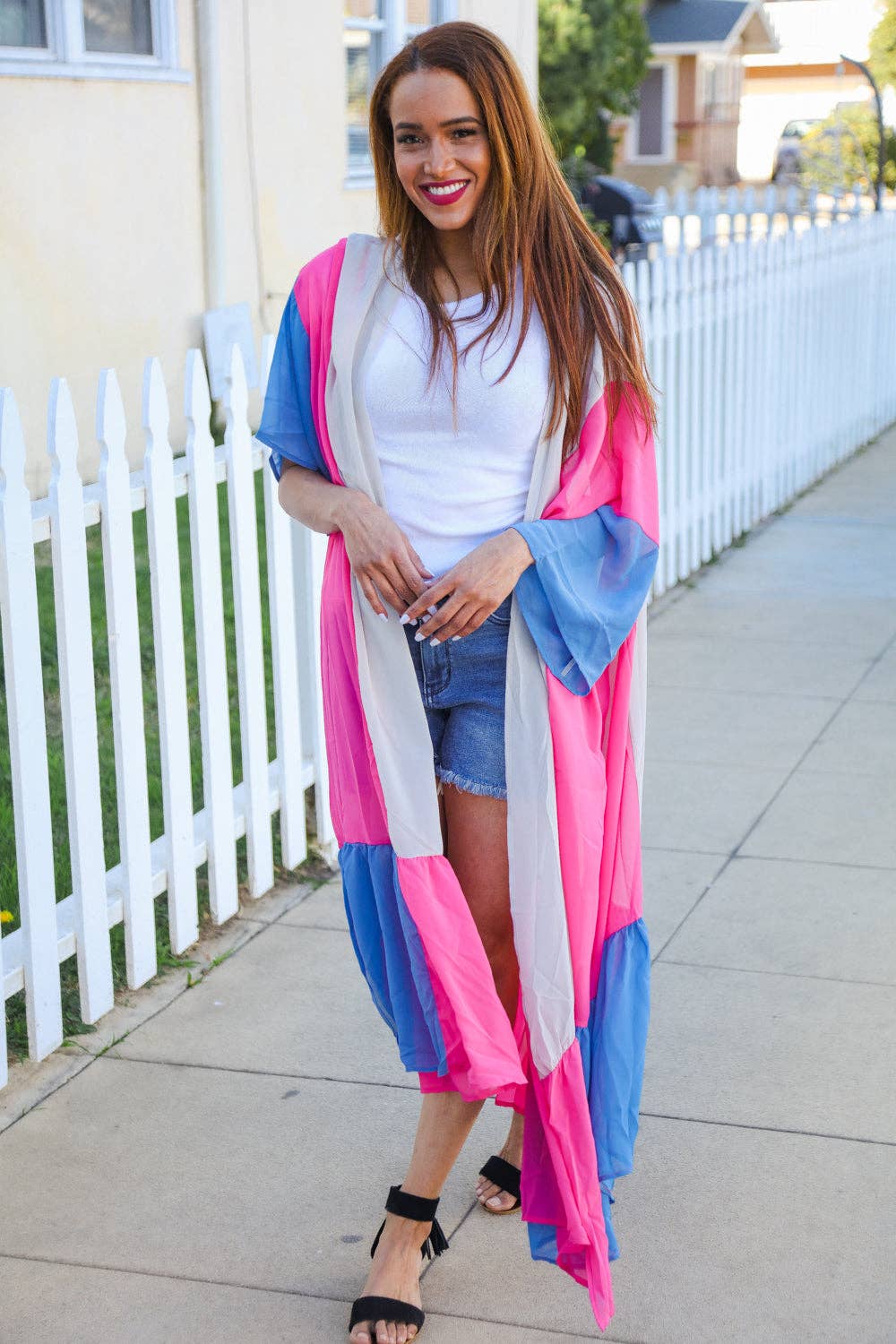 Taupe & Fuchsia Color Block Ruffle Hem Kimono