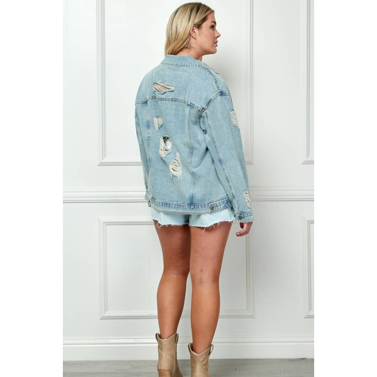 Plus Size Oversize Medium Wash Ripped Denim Jacket