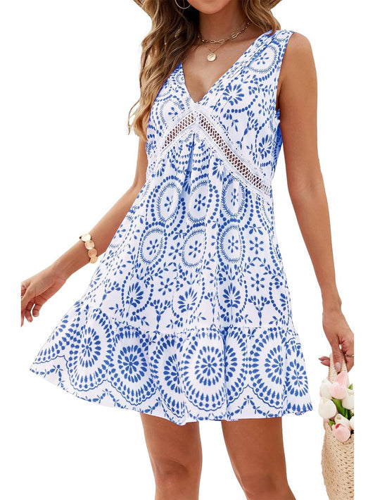 Printed Hollow Lace V-Neck Sleeveless Dress