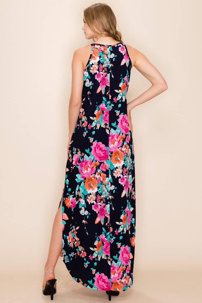 Women's Navy/Orange Floral Summer Sleeveless Maxi Dress