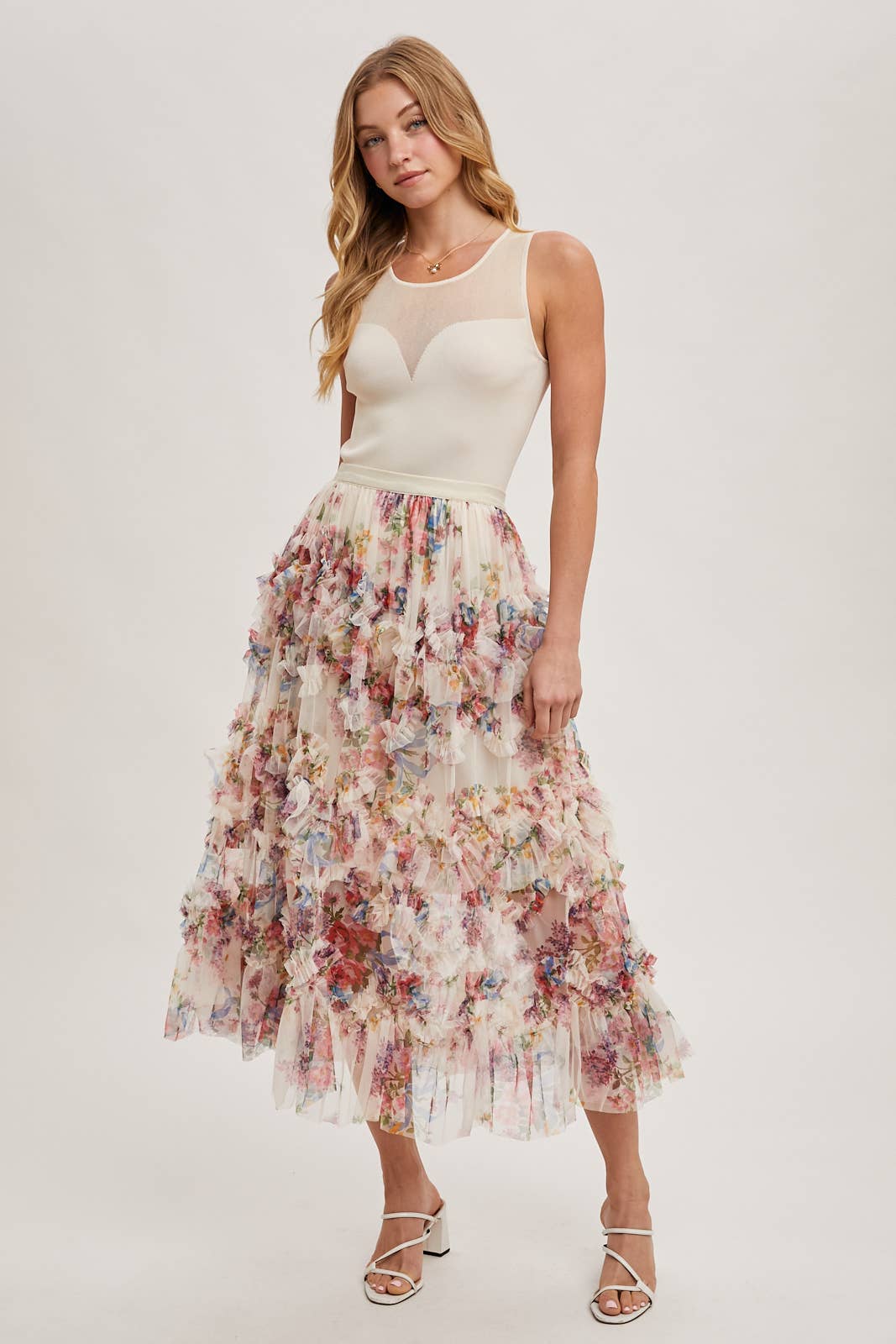 FLORAL RUFFLED MESH MIDI SKIRT