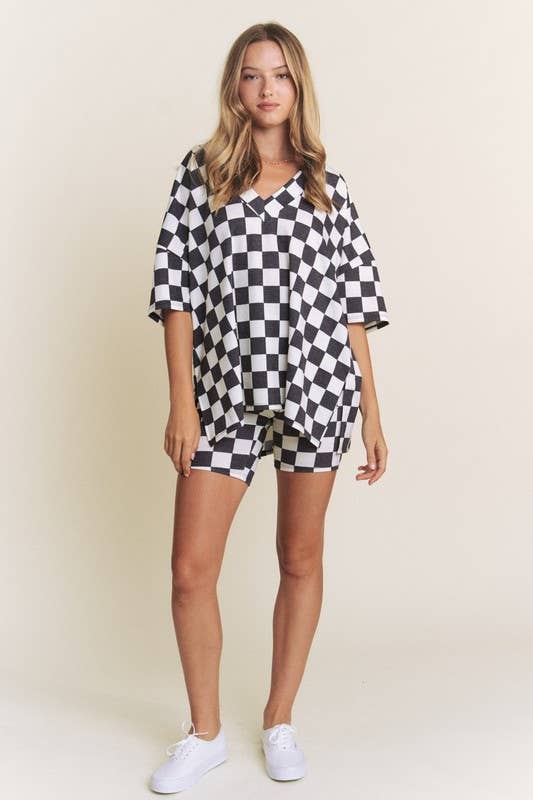 PLUS SIZE SHORT SLV V-NECK / SHORTS CHECKERBOARD SET