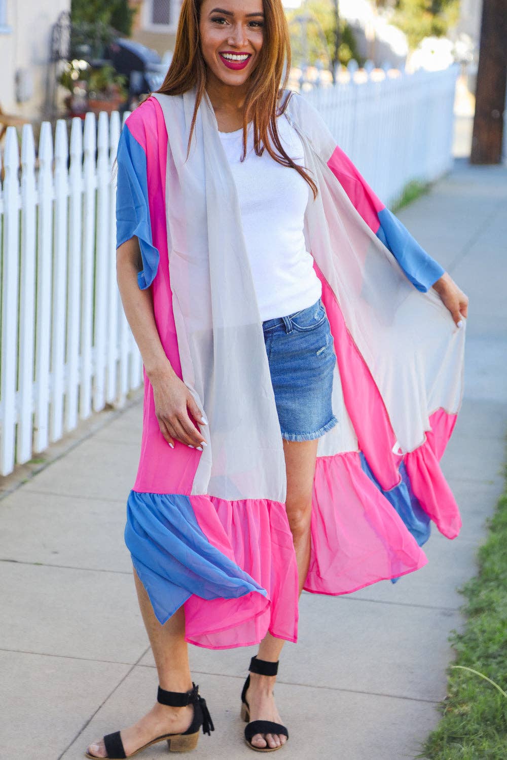 Taupe & Fuchsia Color Block Ruffle Hem Kimono