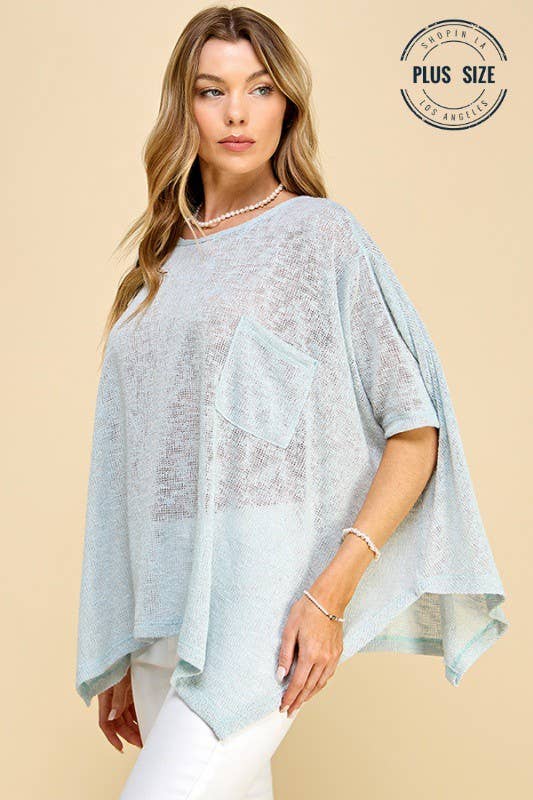 Plus Size Solid Sheer Dolman Short Sleeve Pancho, Light Blue