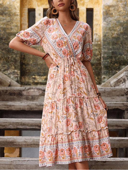 Pink Stringy Selvedge Printed V-Neck Dress