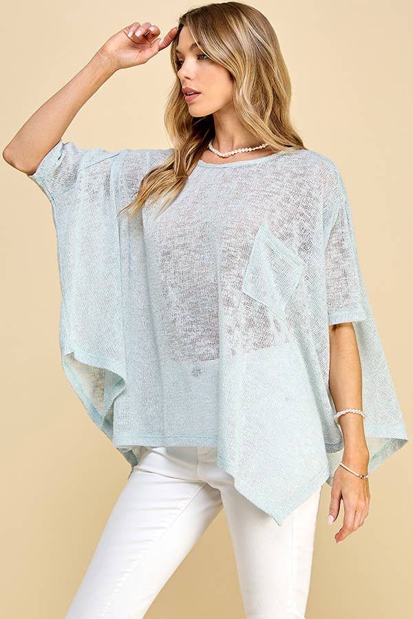 Women's Solid Sheer Dolman Short Sleeve Pancho, Light Blue