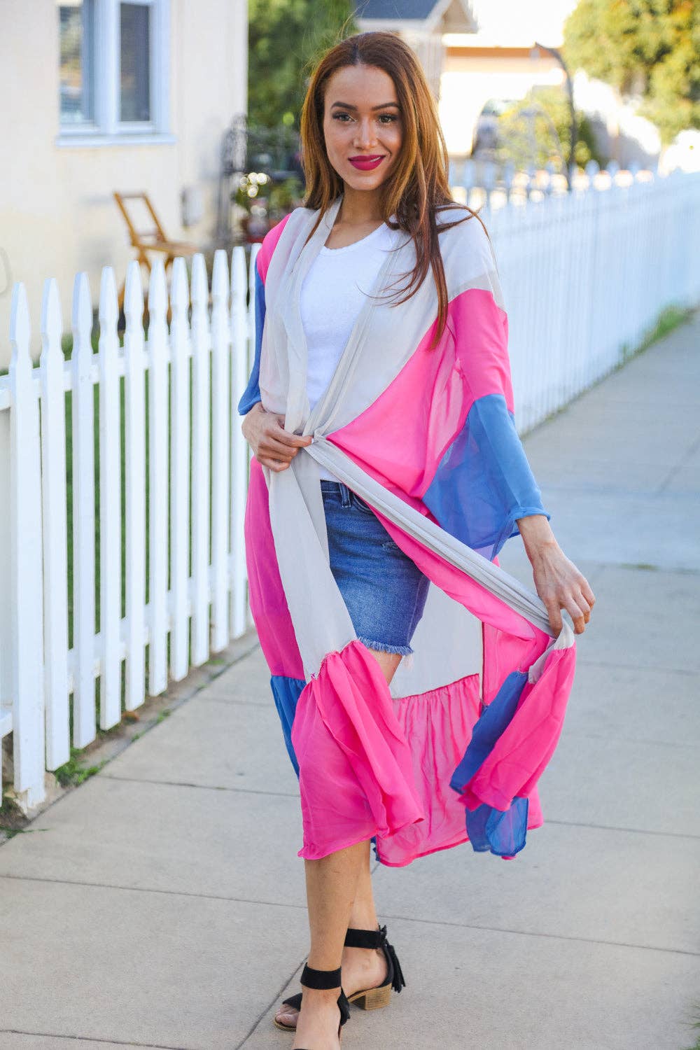 Taupe & Fuchsia Color Block Ruffle Hem Kimono