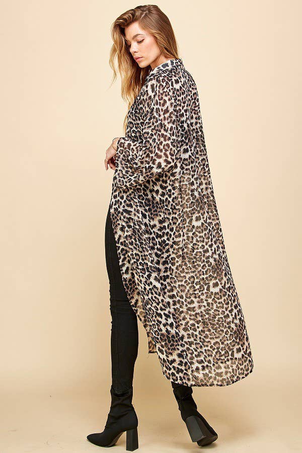 Women's Cheetah Animal Print Drawstring Long Kimono, Brown