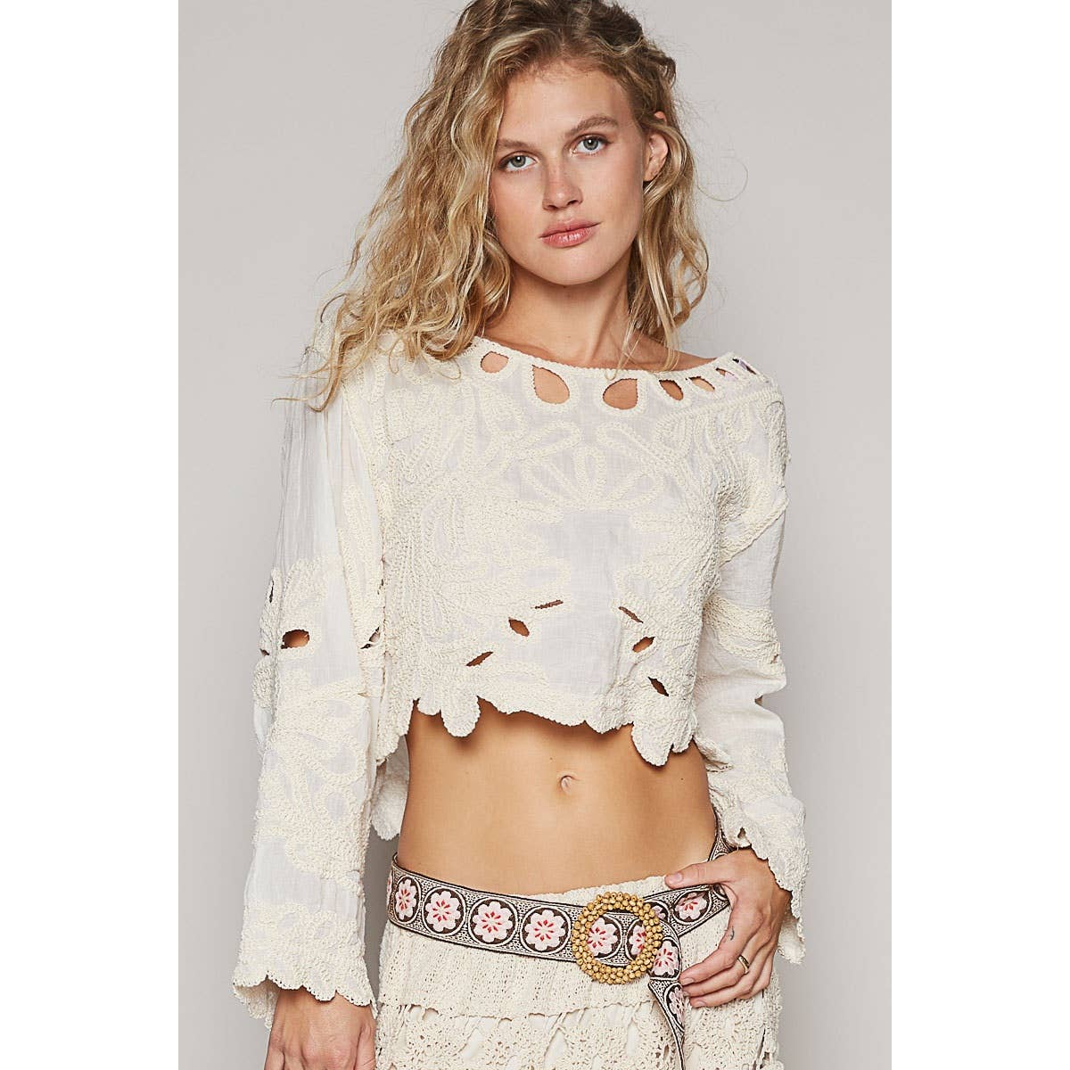 Cropped Long Sleeve Solid Crochet Top