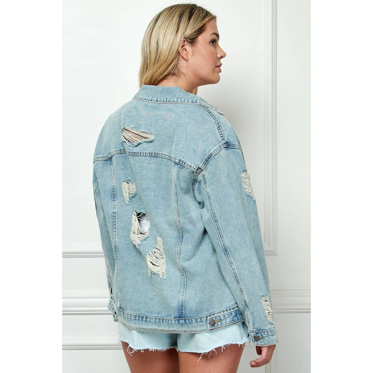 Plus Size Oversize Medium Wash Ripped Denim Jacket