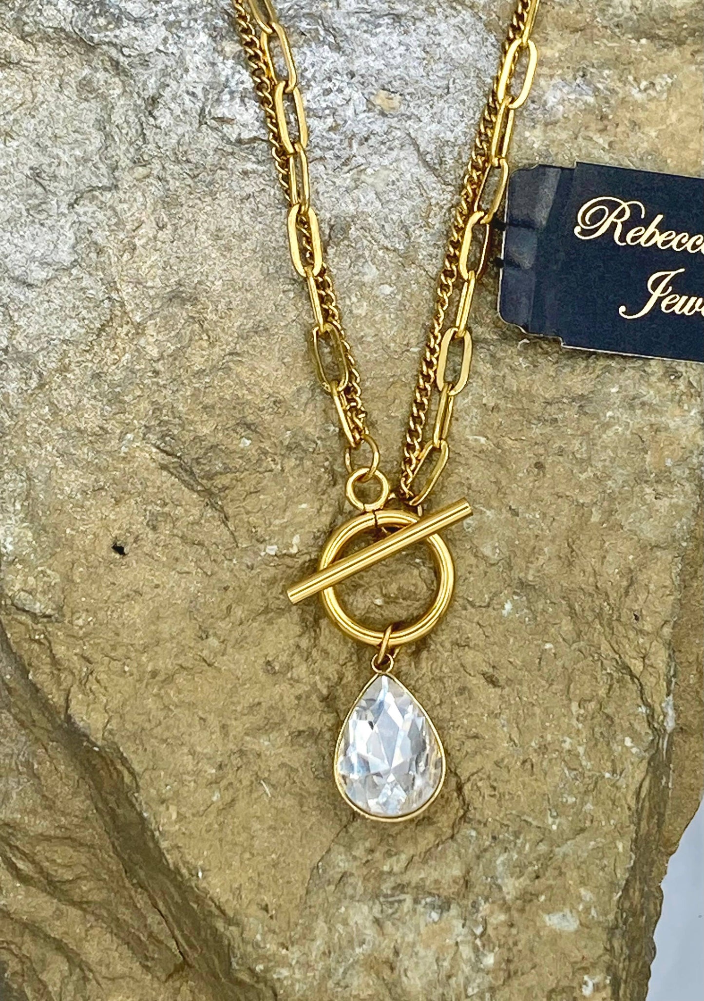 Gold Double Strand Toggle Necklace with Crystal Teardrop