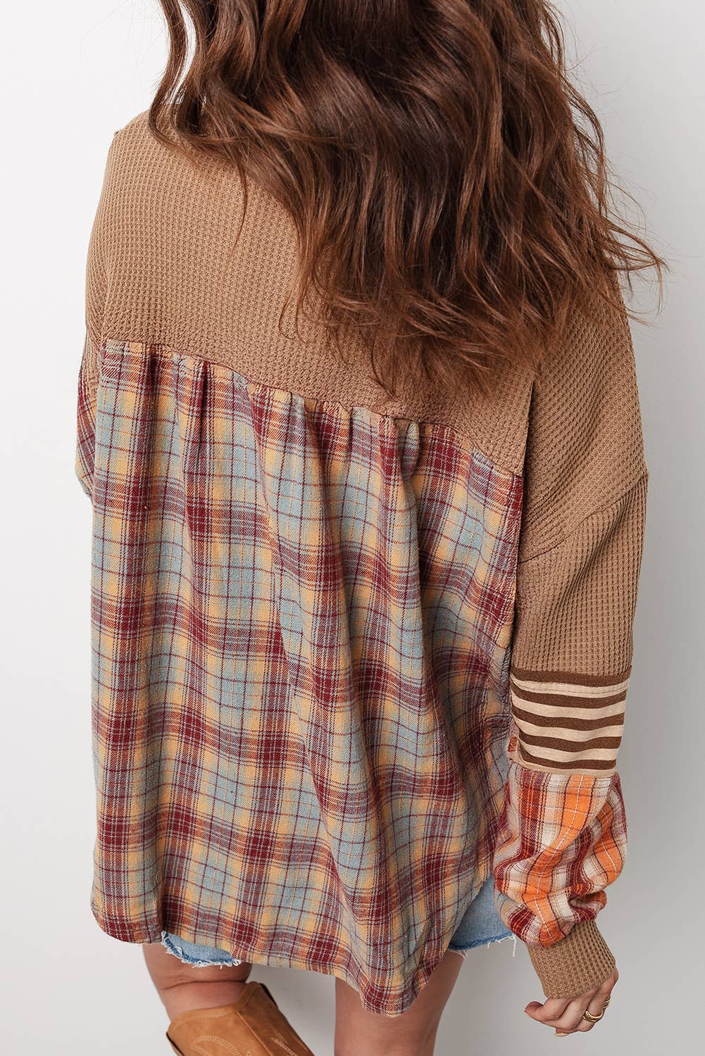 Waffle Stripe Plaid Patchwork Henley Knit Top