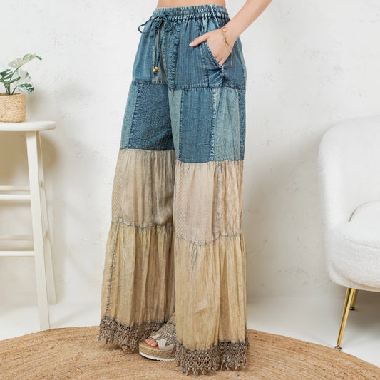 Boho-Inspired Long Denim Pants with Solid Patch