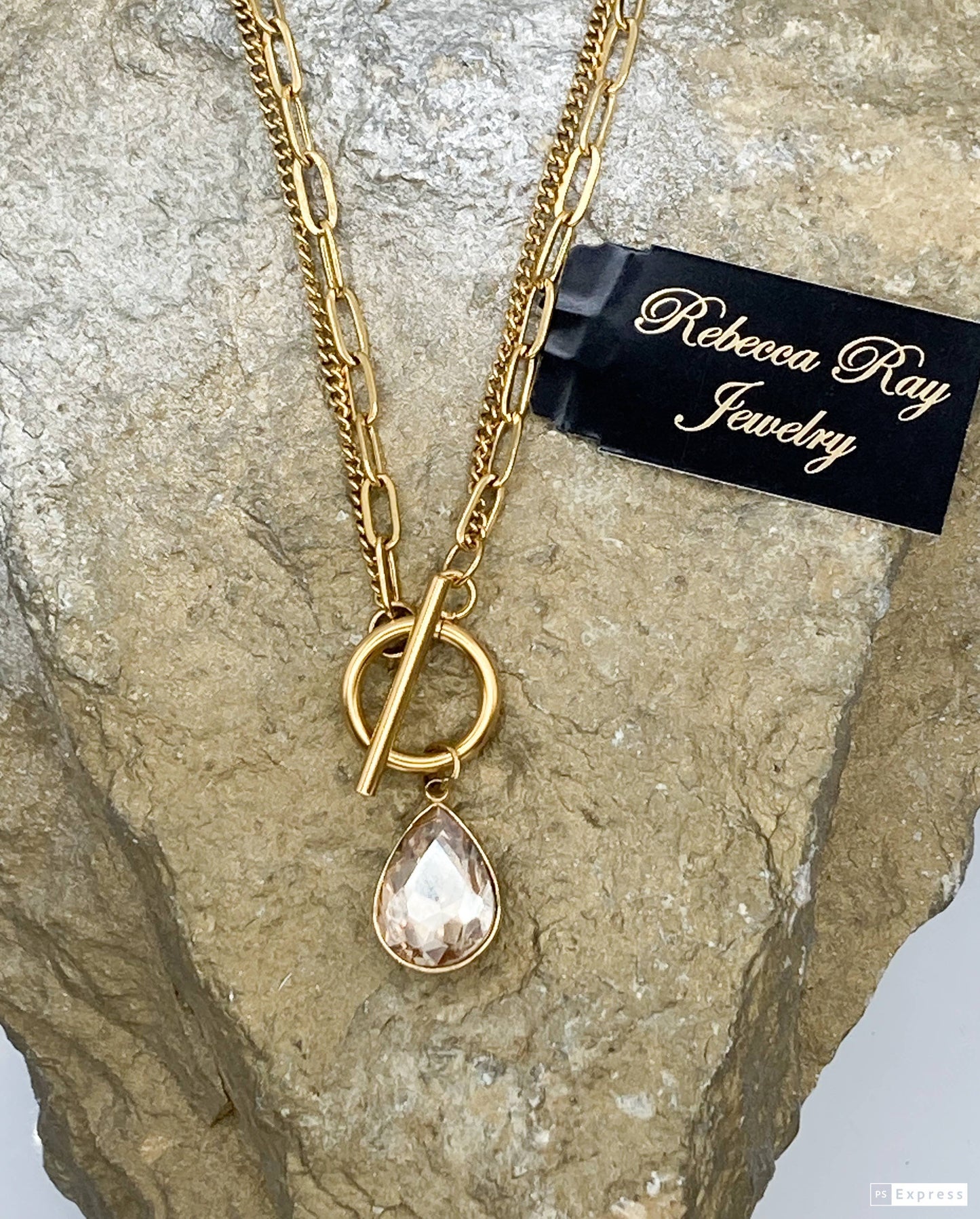 Gold Double Strand Toggle Necklace with Crystal Teardrop