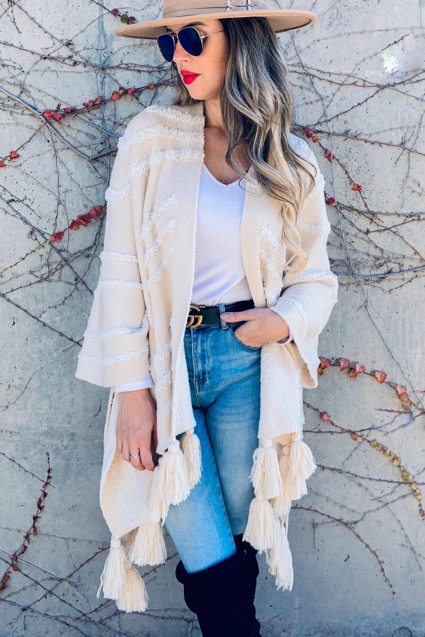 Cream  Textured Pattern With Chunky Tassel Cardigan