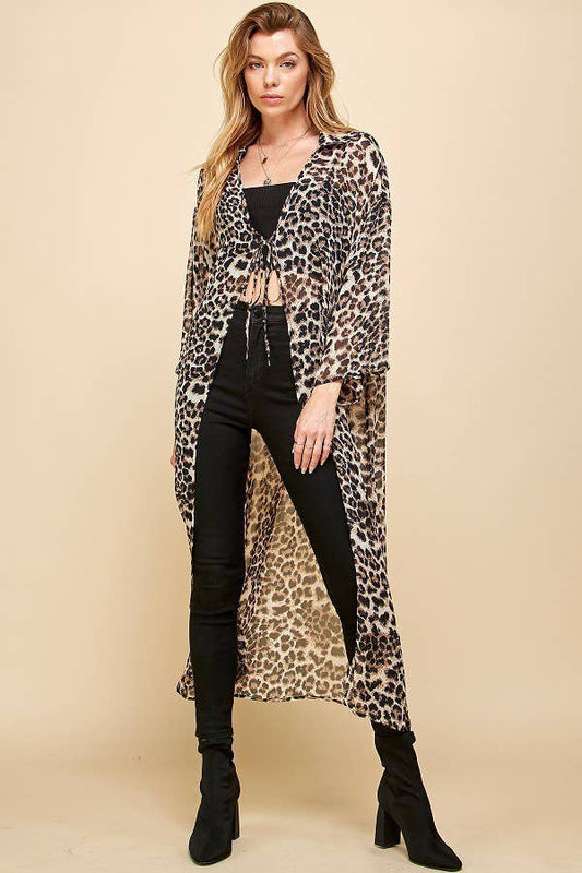 Women's Cheetah Animal Print Drawstring Long Kimono, Brown