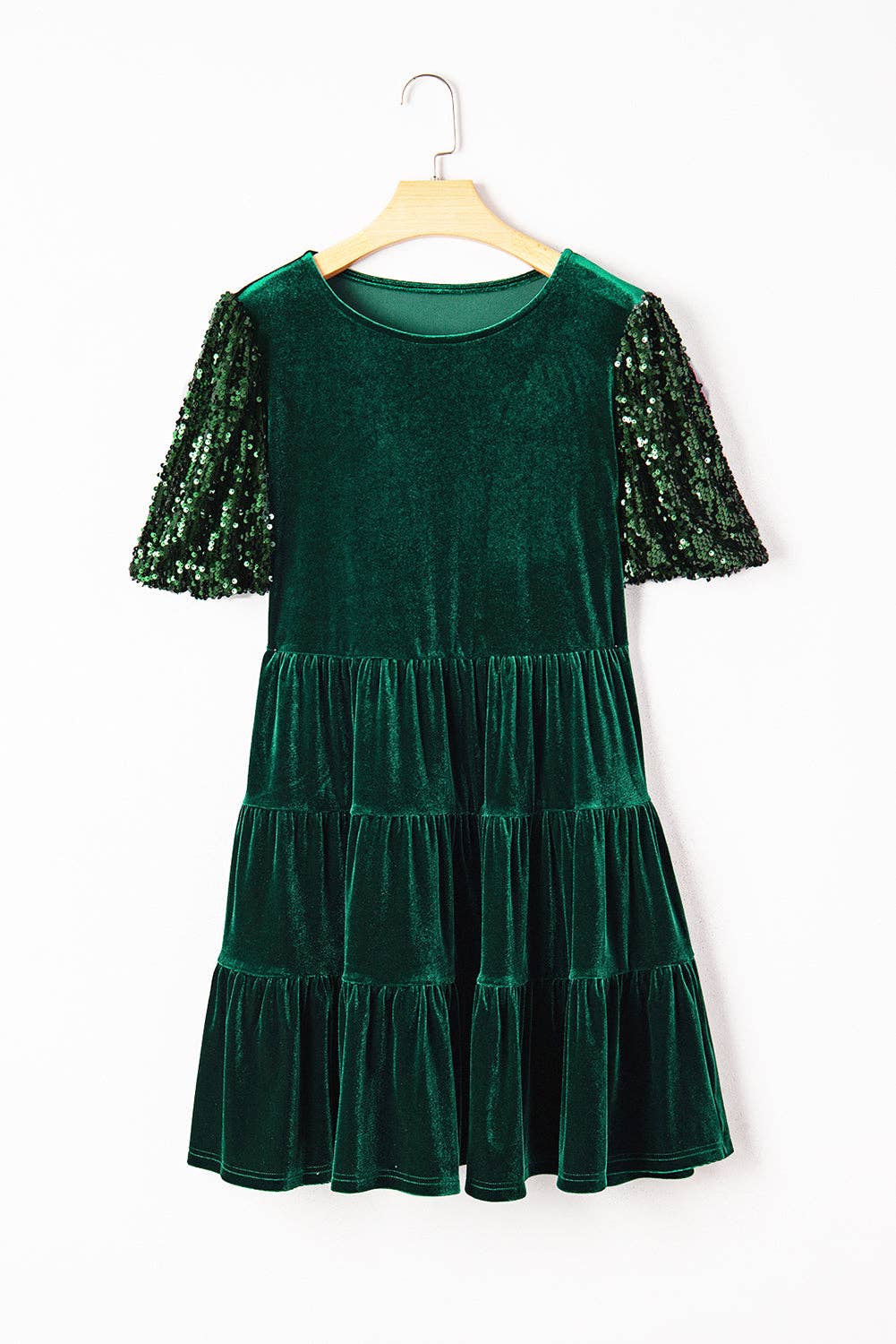 Evergreen Sequin Puff Sleeve High Waist Tiered Velvet Mini Dress