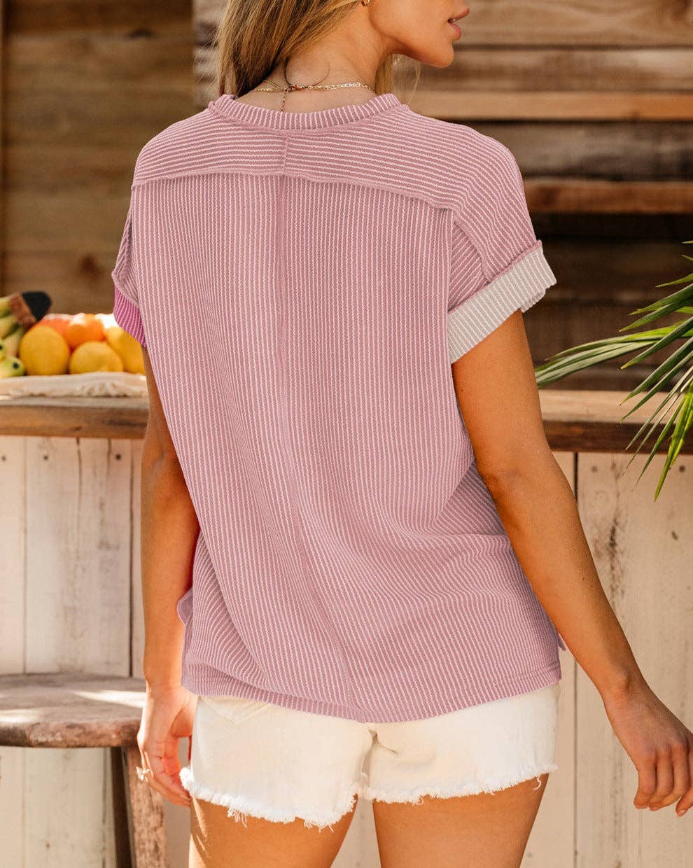 Colorblock Corded Texture Crewneck T-Shirt