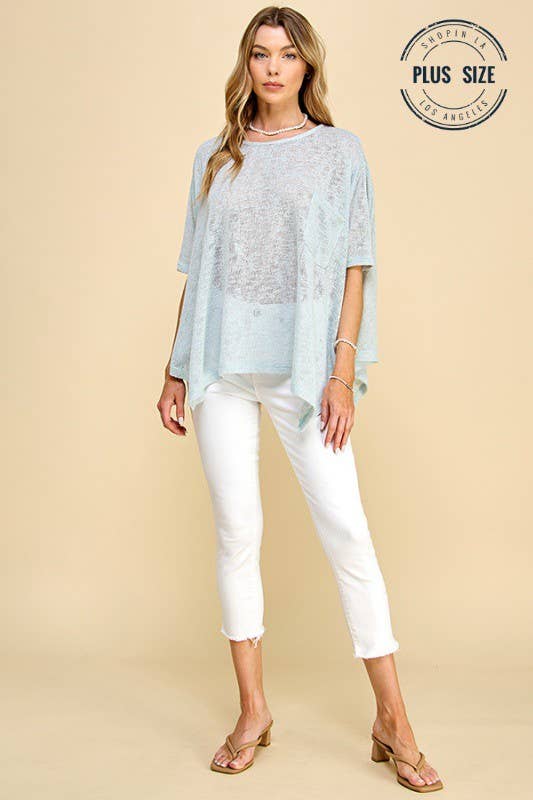 Plus Size Solid Sheer Dolman Short Sleeve Pancho, Light Blue