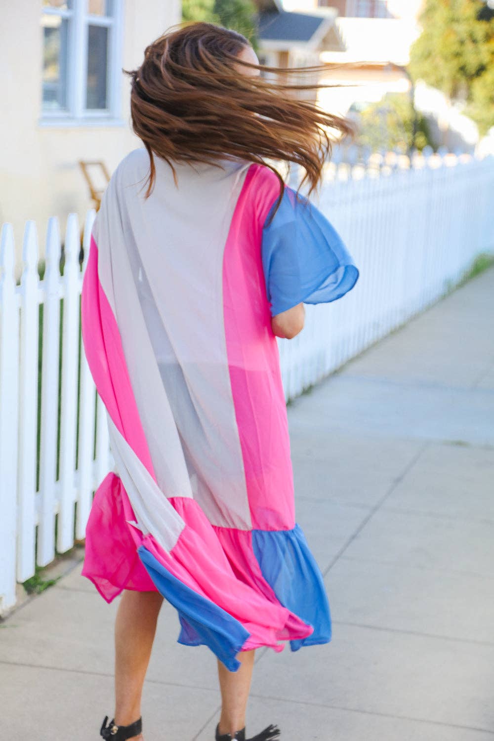 Taupe & Fuchsia Color Block Ruffle Hem Kimono