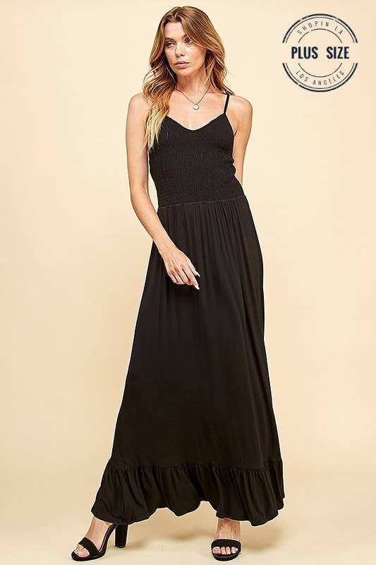 Plus Size Solid Sleeveless Smocked Maxi Dress, Black