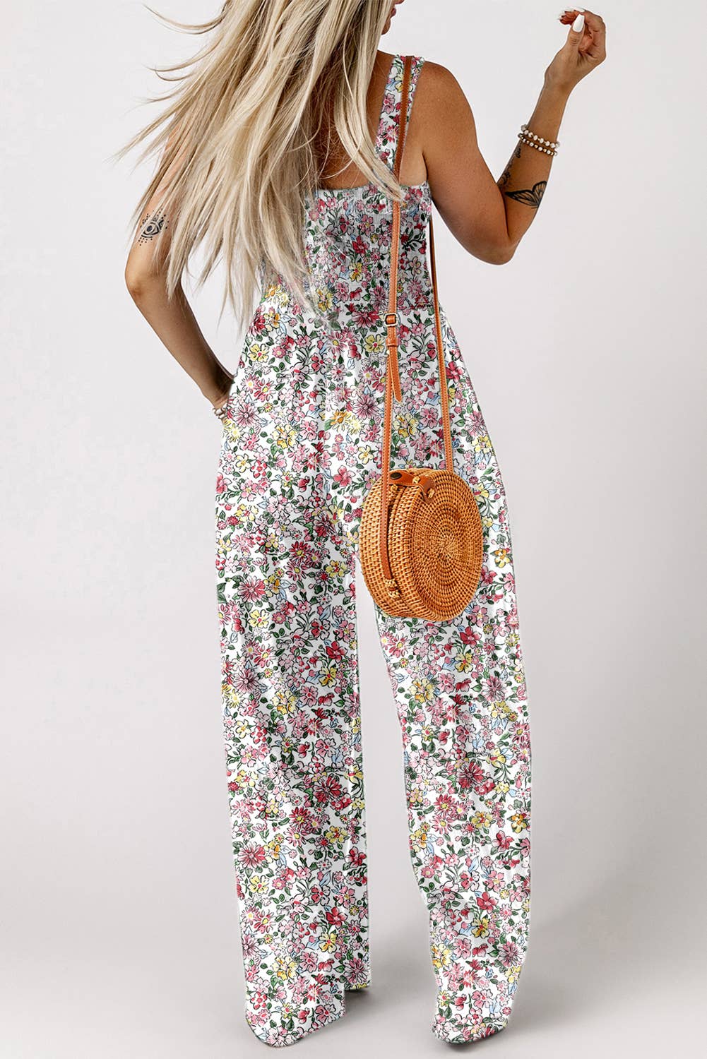Floral Print Smocked High Waist Square Neck Jumpsuit