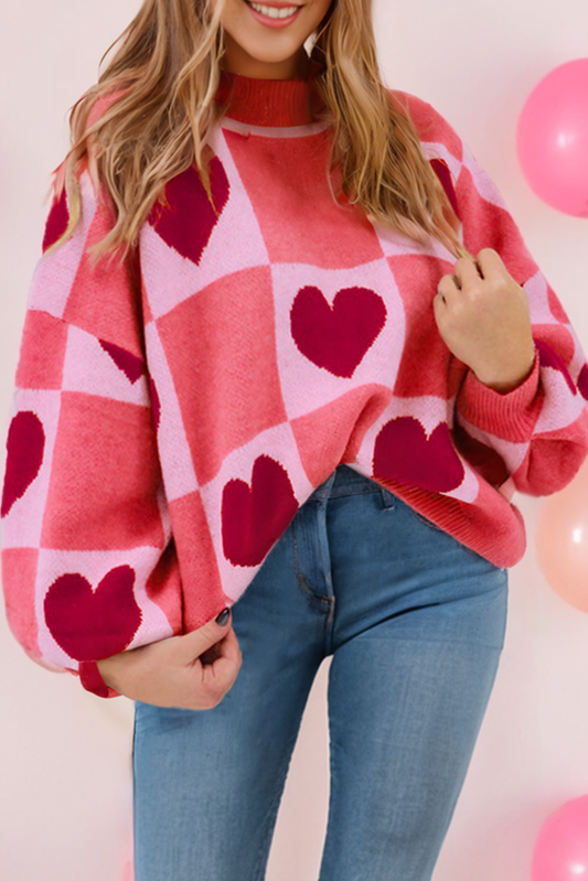 Love Heart Block Mock Neck Valentine Sweater