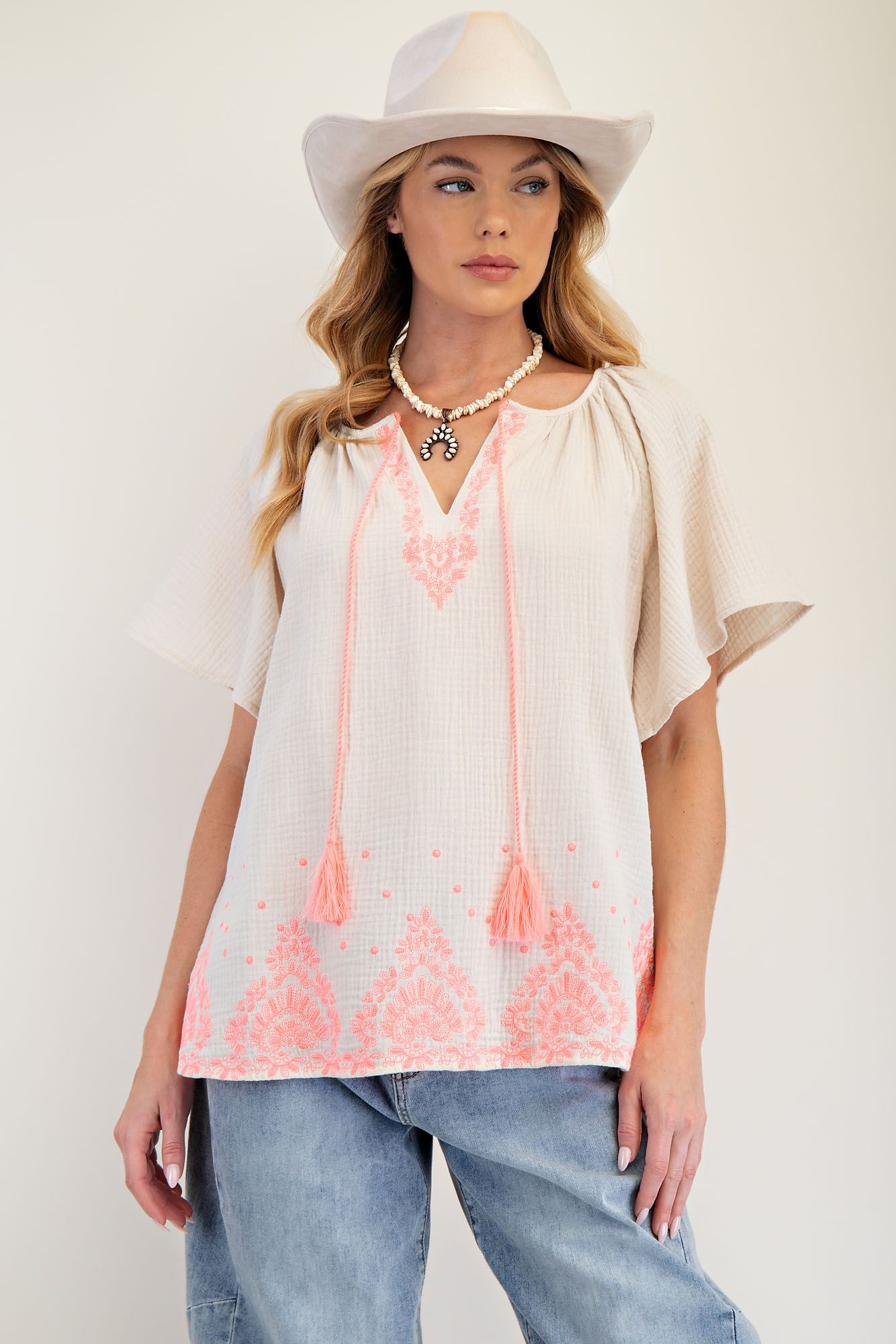 EMBROIDERED DETAILING COTTON GAUZE TOP