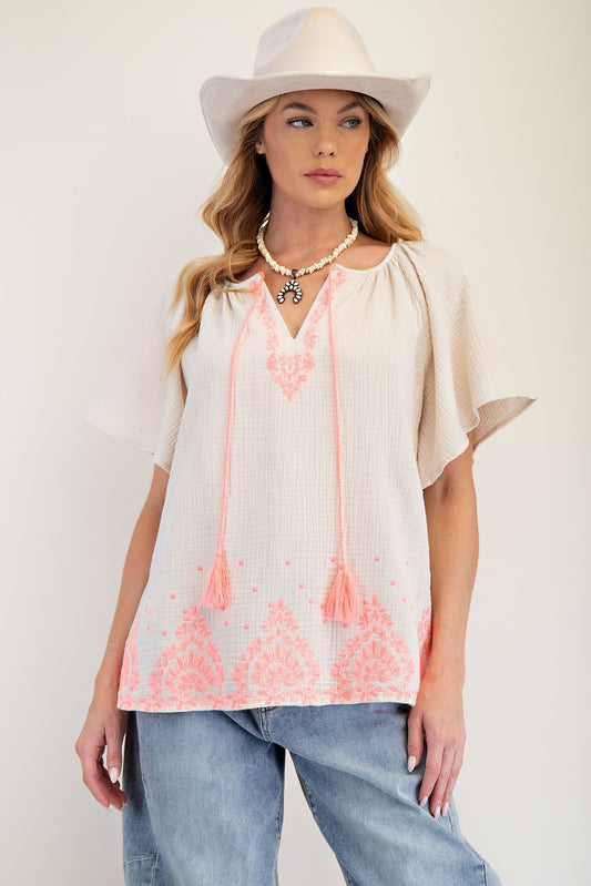 EMBROIDERED DETAILING COTTON GAUZE TOP