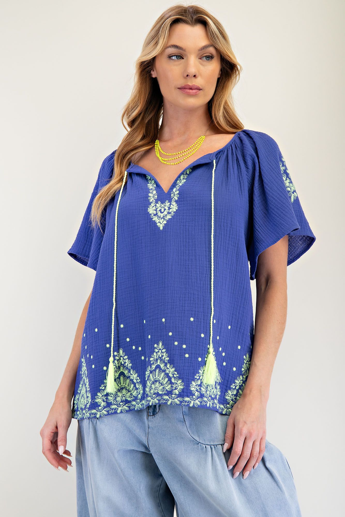 EMBROIDERED DETAILING COTTON GAUZE TOP