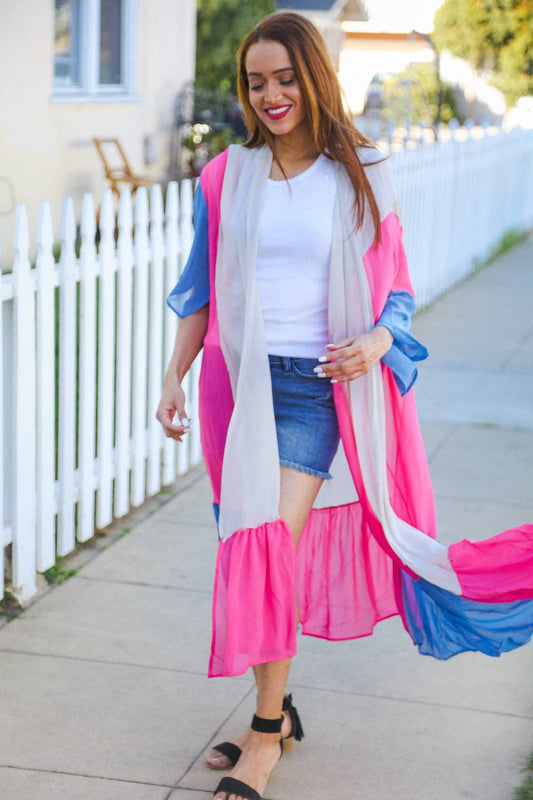 Taupe & Fuchsia Color Block Ruffle Hem Kimono