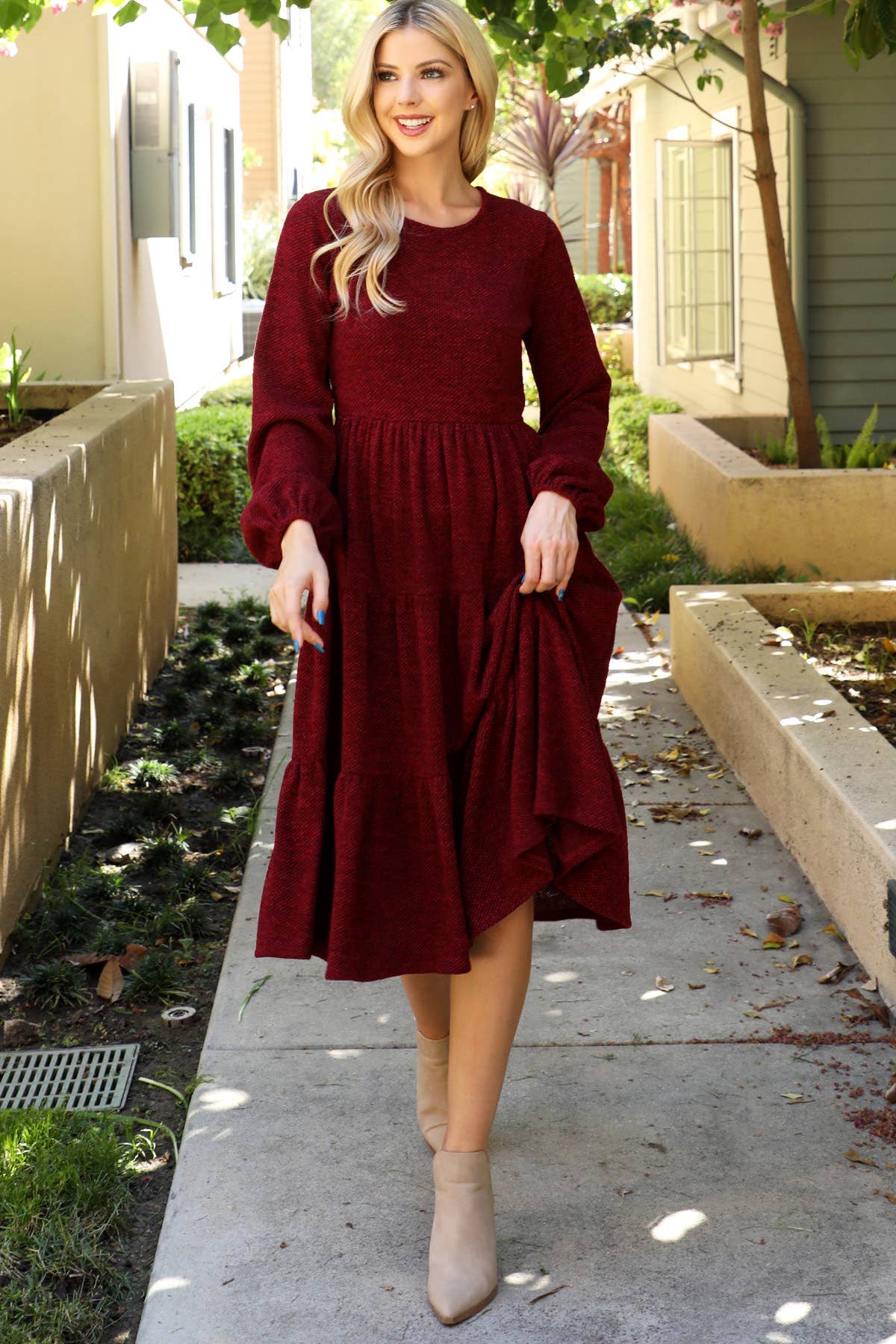 LONG PUFF SLEEVE JACQUARD KNIT DRESS