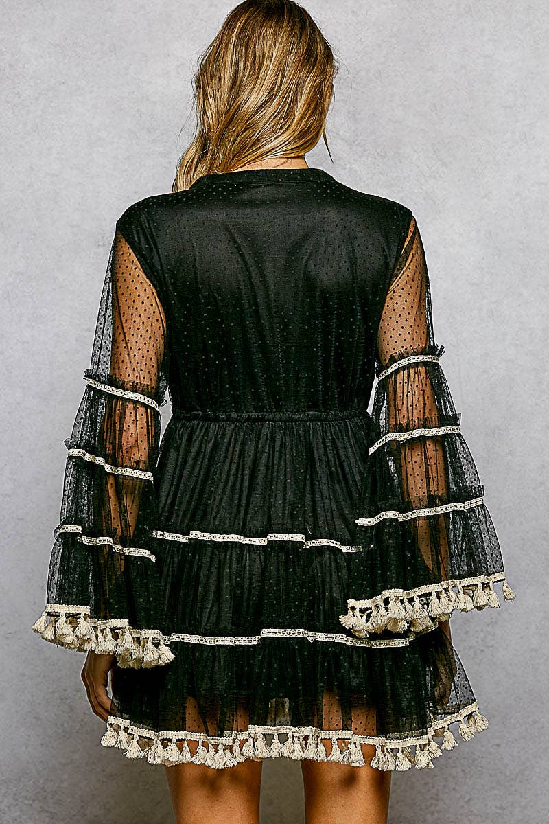 Split Embroidery Tassel Detail V-Neck Flared Short Dress