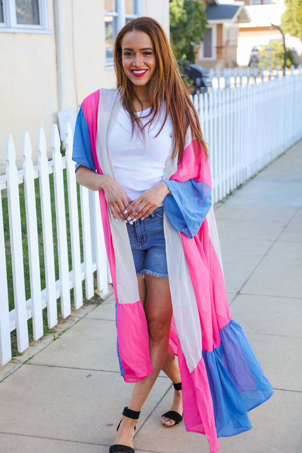 Taupe & Fuchsia Color Block Ruffle Hem Kimono