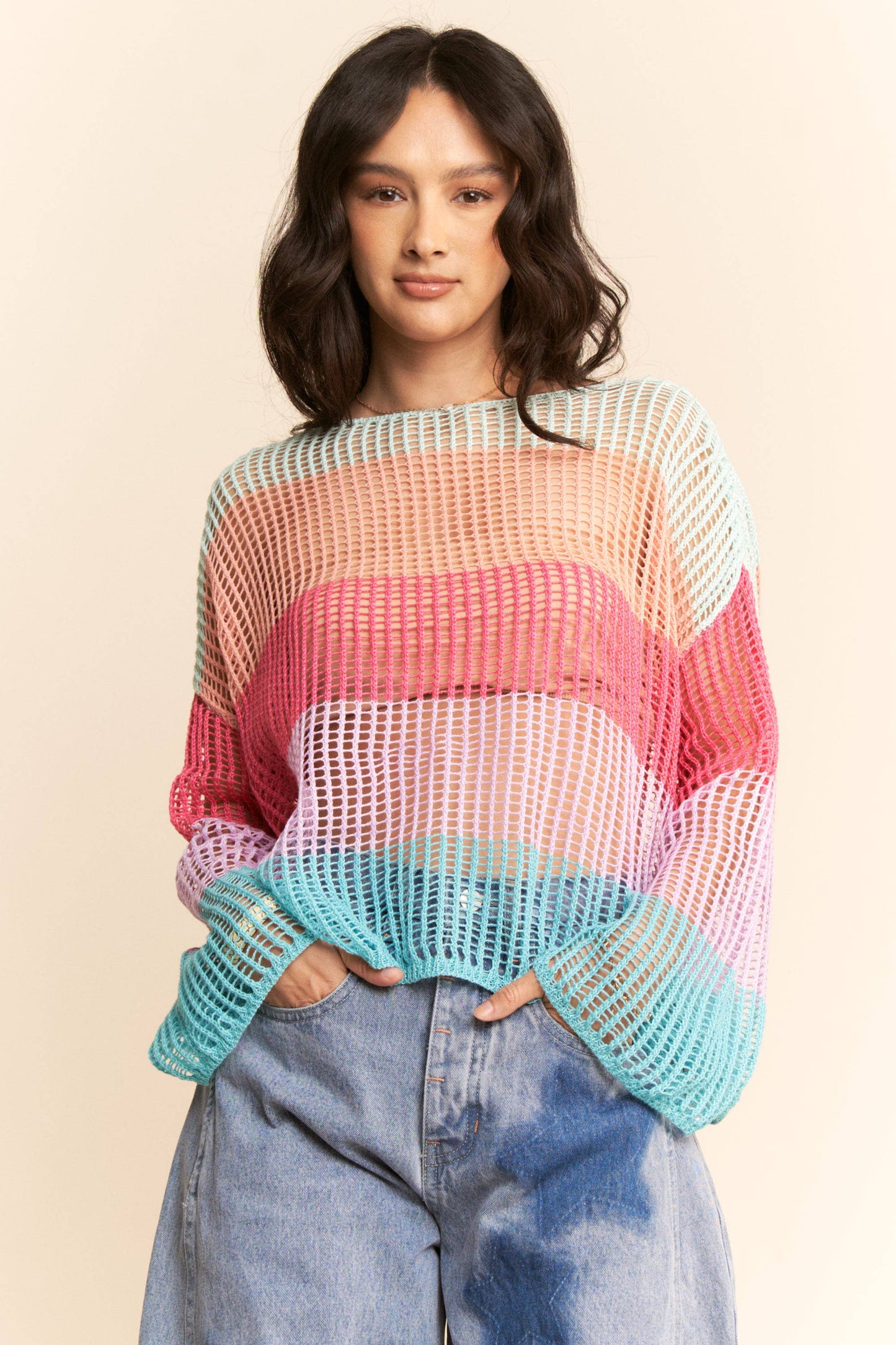 STRIPED WIDE OPENING SLEEVE PULLOVER COVER UP TOP