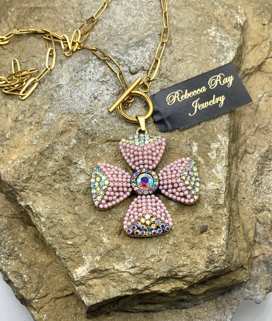 Boho Pink Floral Charm Necklace