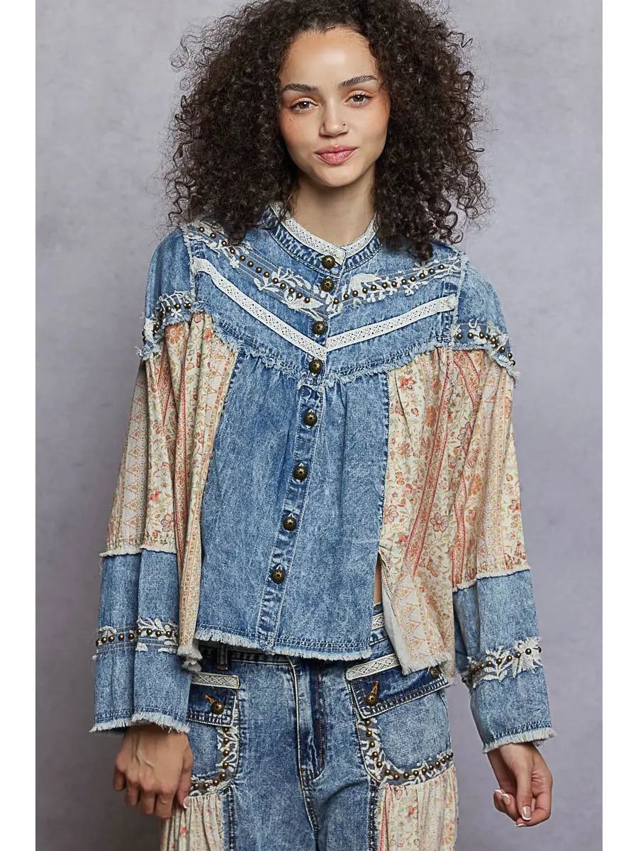 Contrast Denim Button Down Top