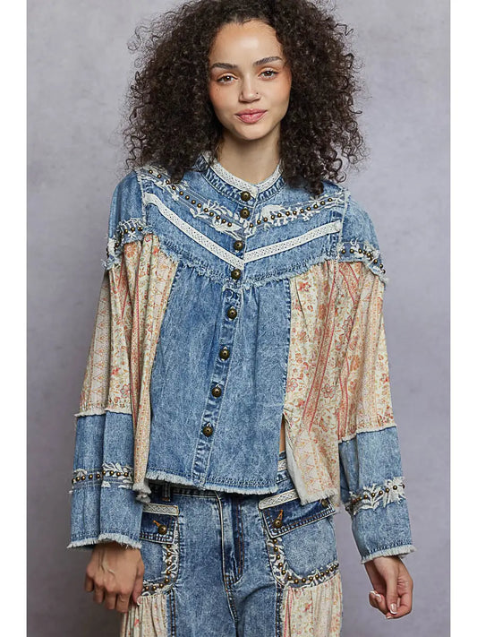 Contrast Denim Button Down Top