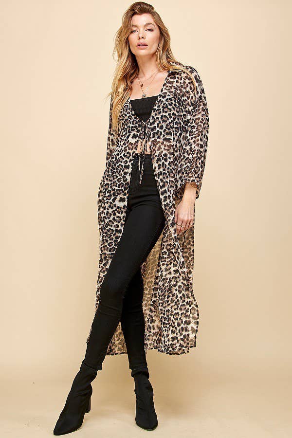 Women's Cheetah Animal Print Drawstring Long Kimono, Brown